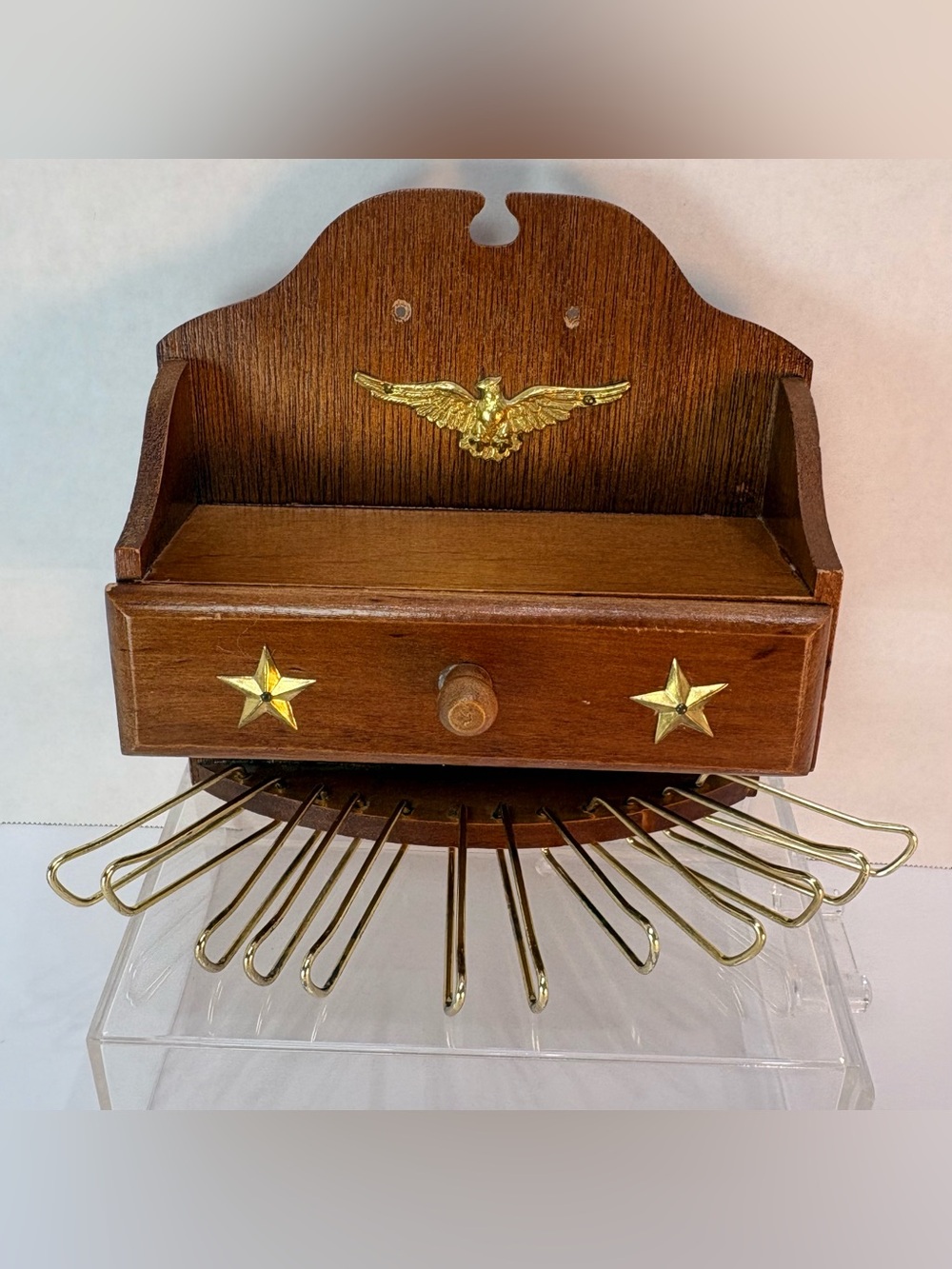 🦅 Vintage Wooden Wall Tie Holder Rack with Brass Eagle & Drawer – Made in Japan